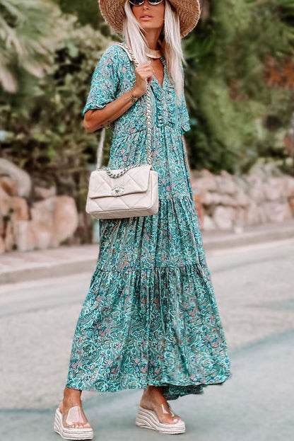 Paisley Print Boho Holiday Ruffle Tiered Maxi Dress | Sky Blue