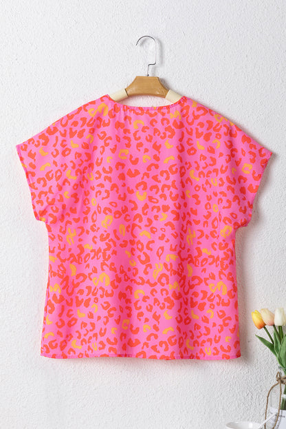 Leopard V Neck Short Sleeve Blouse | Pink