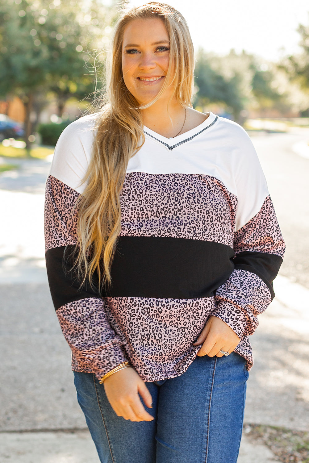 Leopard Print Colourblock V Neck Long Sleeve Plus Size Top | Black