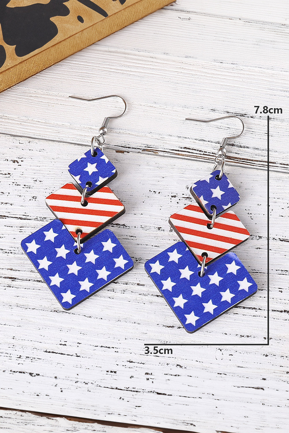 Geometric Wooden Star Stripe Flag Dangle Earrings | Dark Blue