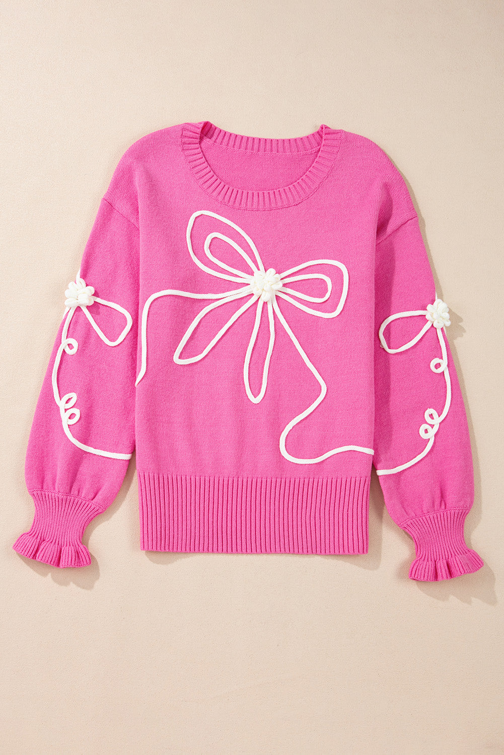 Corded Flower Bow Ribbed Trim Casual Sweater | Bright Pink