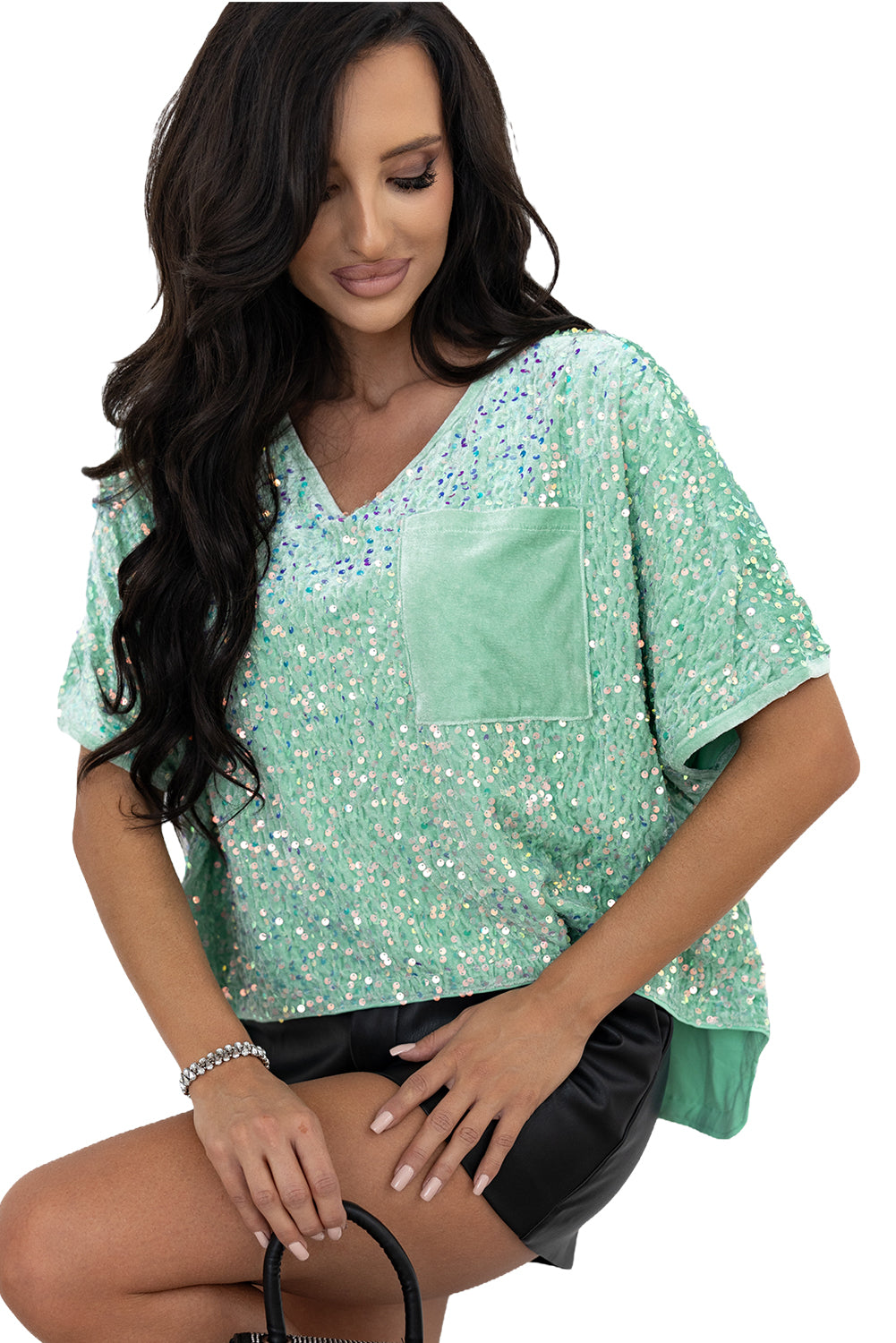 Sequin Batwing Sleeve V Neck Velvet Blouse | Moonlight Jade