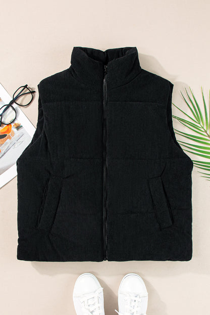 Corduroy Stand Neck Zipped Puffer Vest | Black