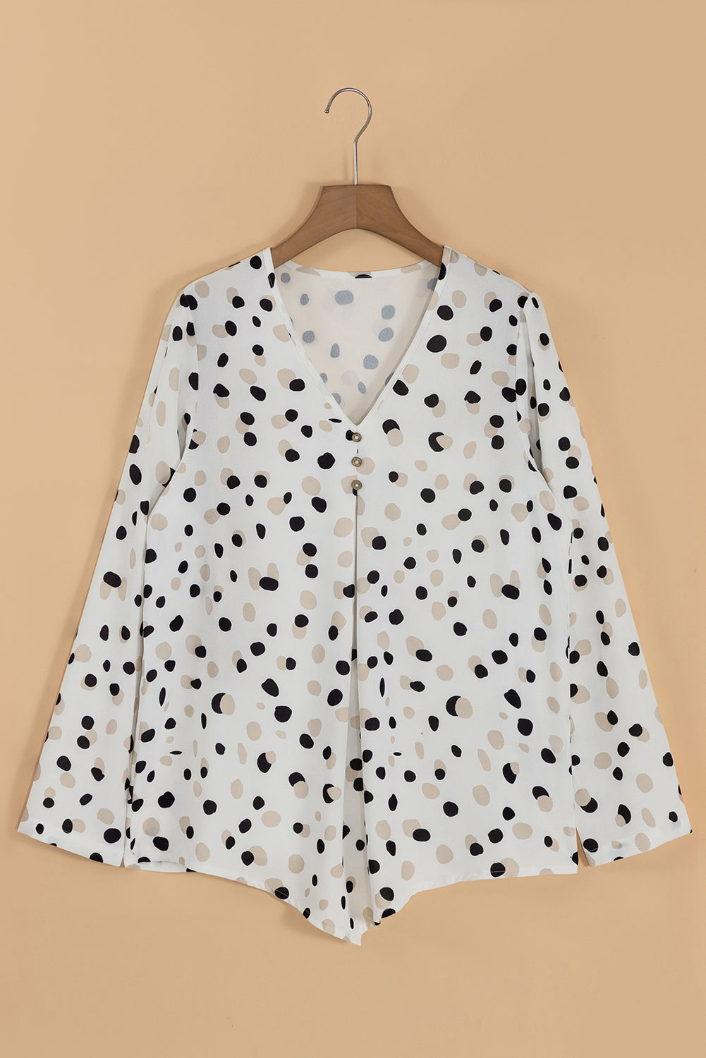 Polka Dot Print Button Front V Neck Blouse | White