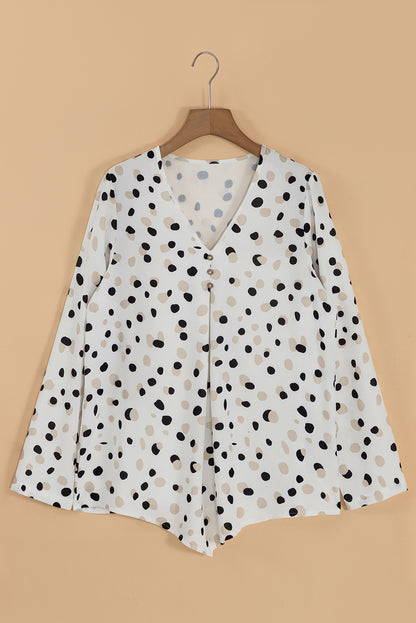 Polka Dot Print Button Front V Neck Blouse | White