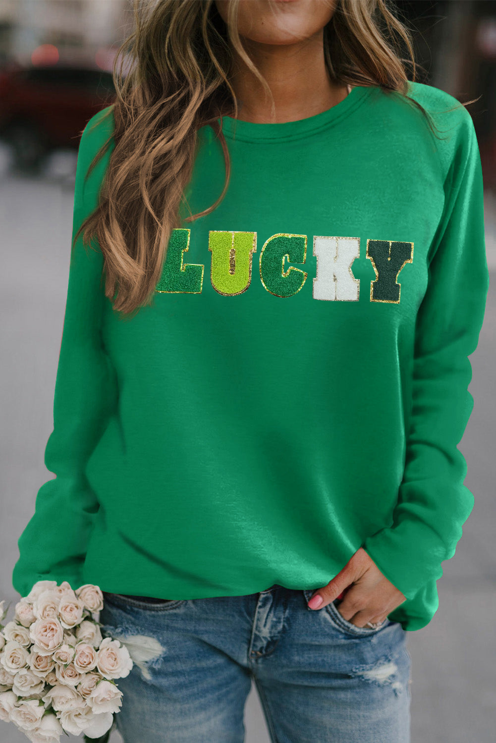 Green St Patricks LUCKY Chenille Embroidered Graphic Sweatshirt