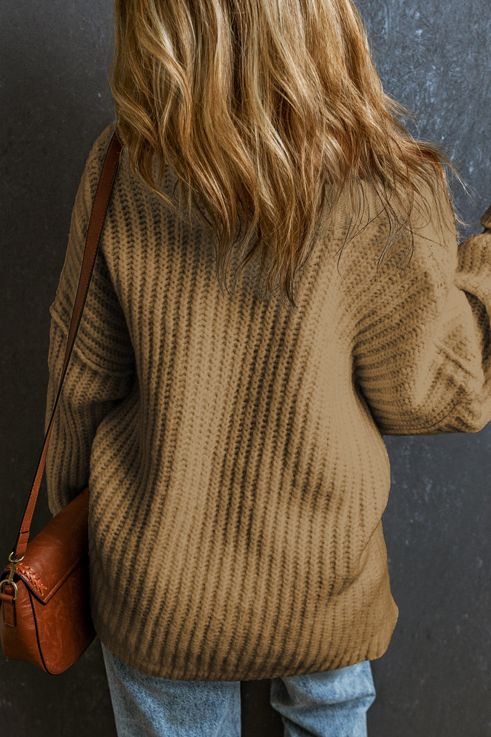 Khaki Ribbed Knit Round Neck Slouchy Chunky Sweater | Apricot khaki