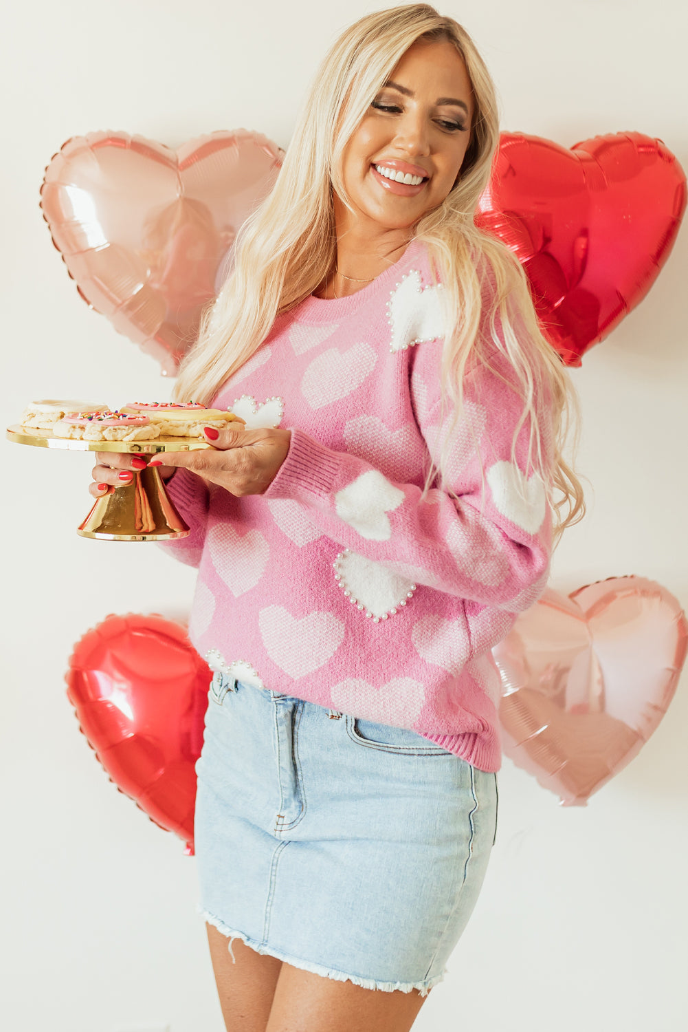 Pearled Heart Print Valentines Crew Neck Sweater | Pink