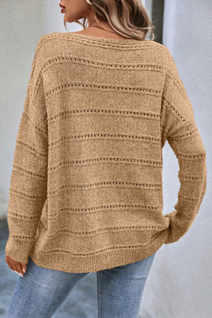 Boat Neck Drop Shoulder Pointelle Knit Sweater | Pale Khaki