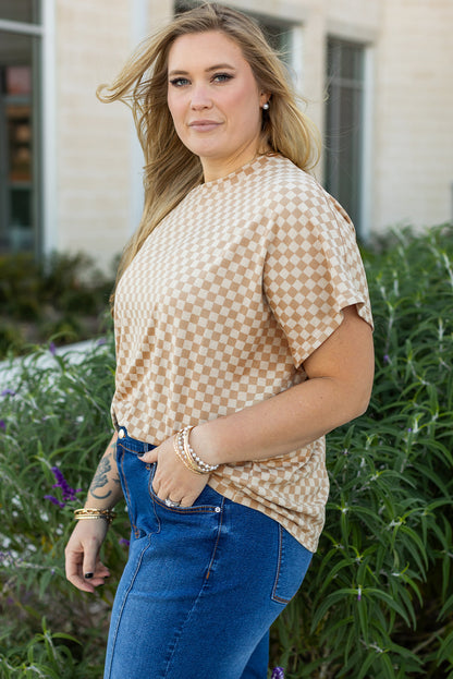 Checkerboard Short Batwing Sleeve Round Neck Plus Size T Shirt | Khaki