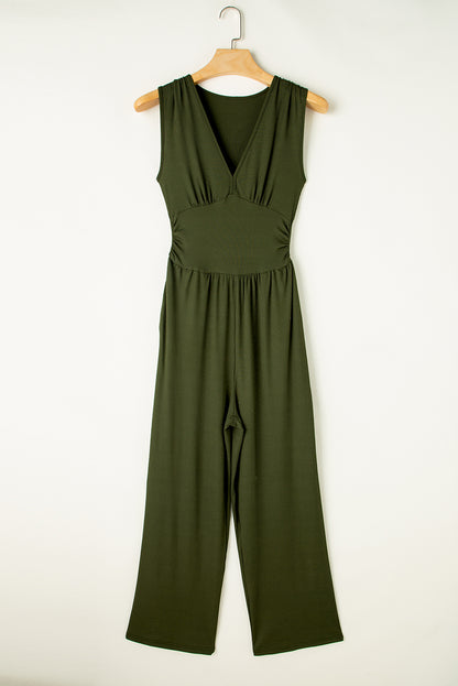 Sleeveless V Neck Ruched Wide Leg Jumpsuit | Moss Green