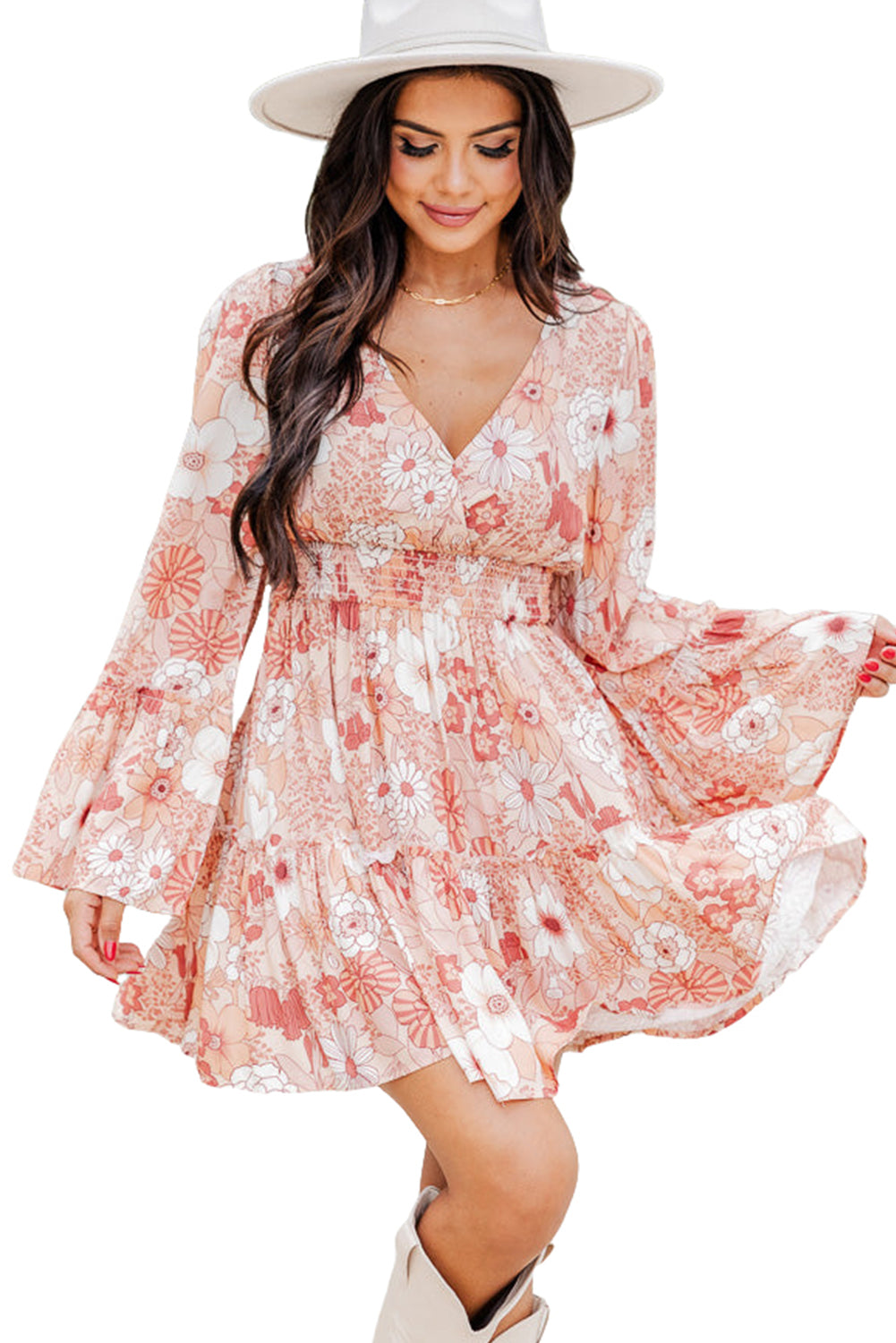 Floral Smocked High Waist Bell Sleeve Mini Dress | Apricot Powder