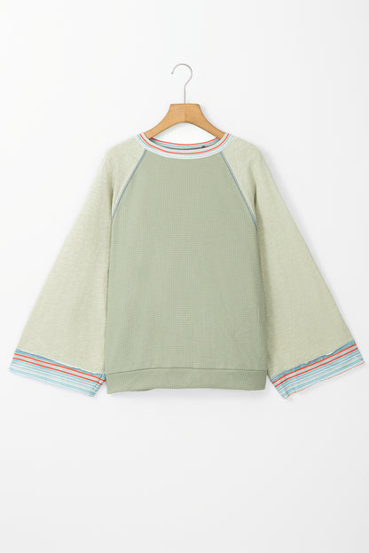 Waffle Knit Wide Bracelet Sleeve Patchwork Raglan Top | Meadow Mist Green