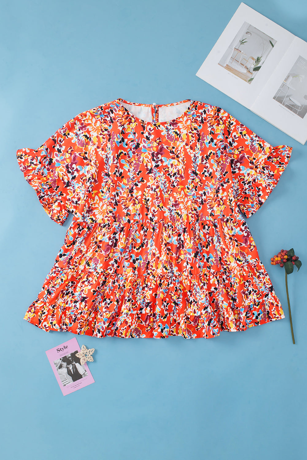 Floral Printed Ruffle Sleeve Curvy Babydoll Blouse | Orange