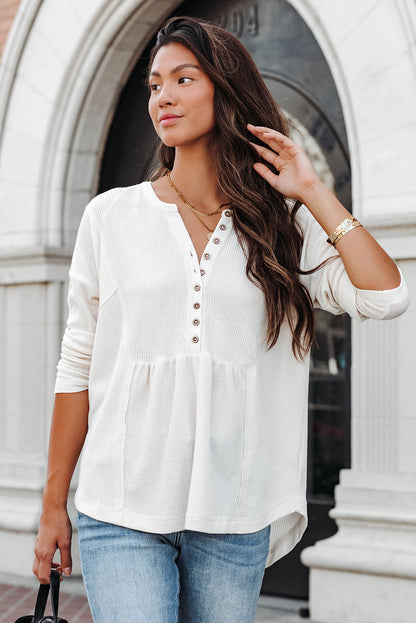 Waffle Knit Half Button Henley Top | White