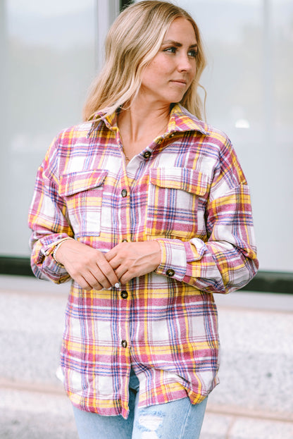 Fiery  Plaid Print Rounded Hem Shirt Jacket | Red