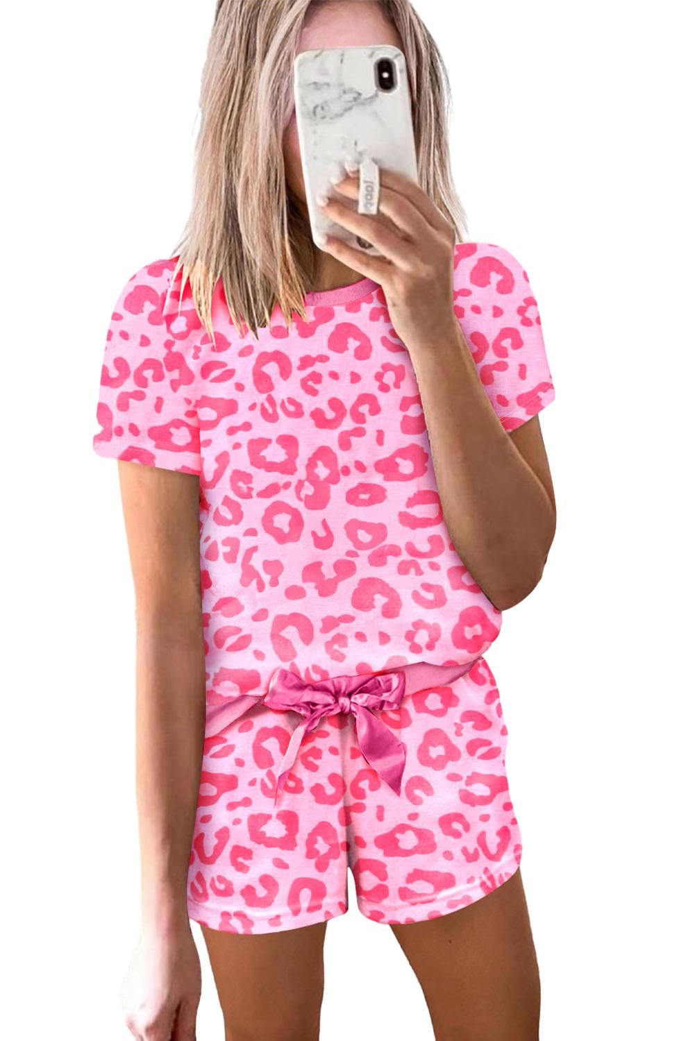 Leopard Print Tee And Satin Tie Shorts Lounge Set | Pink