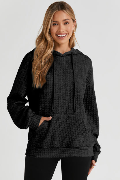 Quilted Kangaroo Pocket Drawstring Hoodie | Black