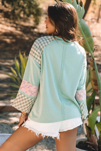 Plaid Floral Peace Heart Graphic Wide Long Sleeve Top | Clearly Aqua