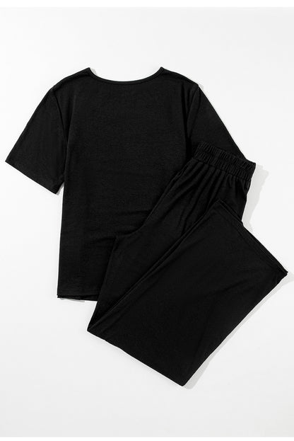 Solid Colour T Shirt 2 Piece Wide Leg Pants Set | Black