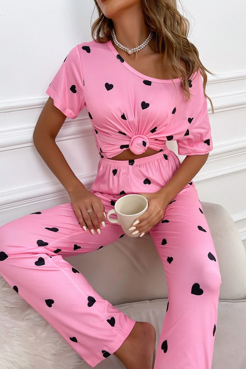 Valentines Heart Print Tee And Pants Lounge Set | Pink