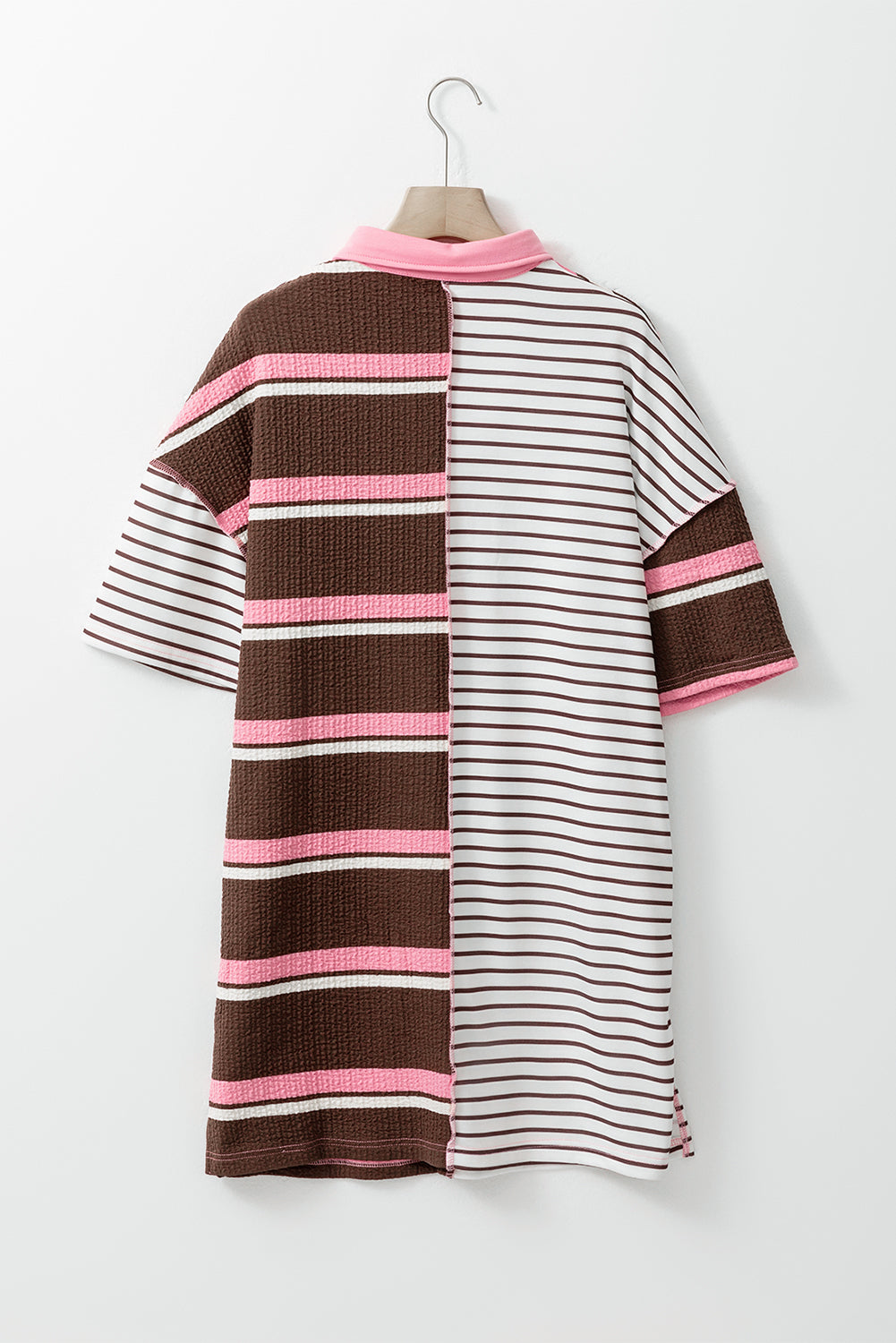 Striped Textured Patchwork Buttoned T Shirt Dress | Brown Stripe