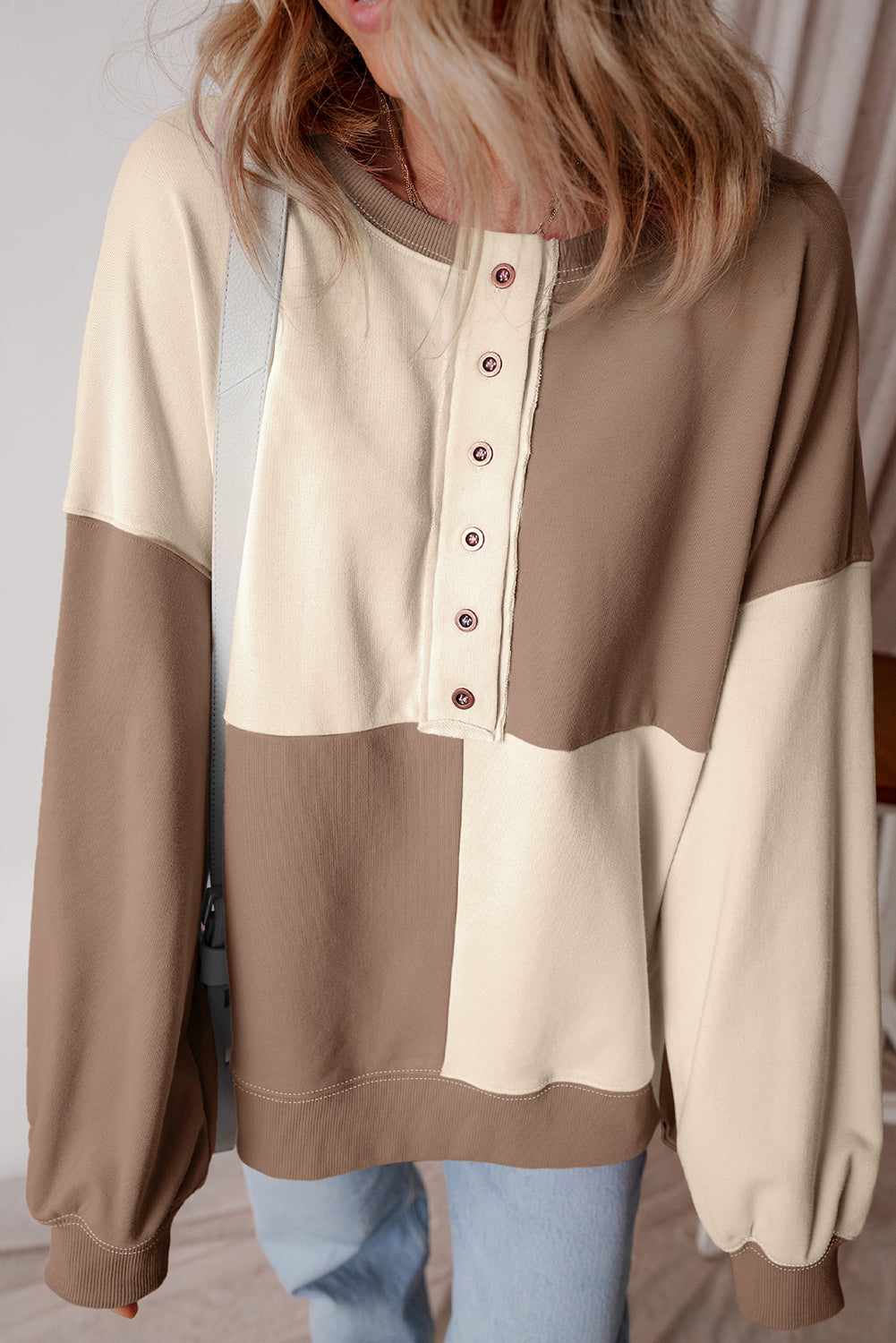 Parchment Colorblock Henley High Low Oversize Sweatshirt