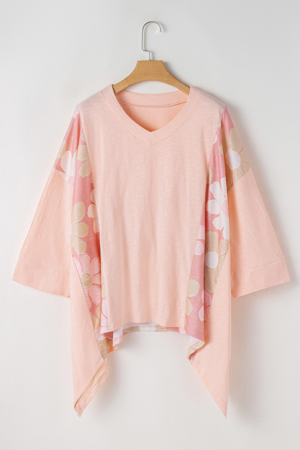 Plus Size Flower Patchwork Exposed Seam High Low Top | Apricot Pink