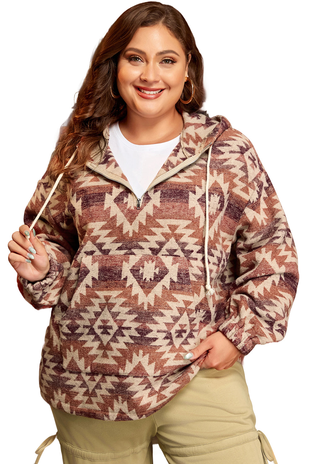 Plus Size Western Fashion Aztec Patterned Half Zip High Neck Hoodie | Red