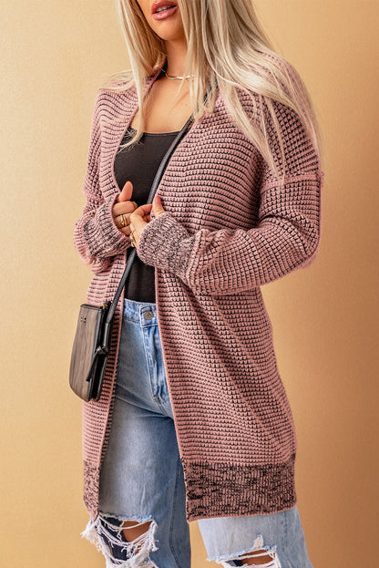 Plaid Knitted Long Open Front Cardigan | Pink