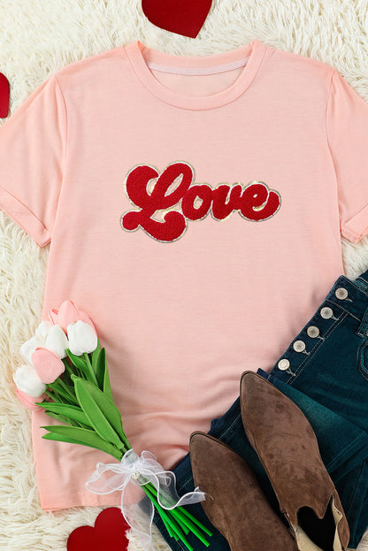 Chenille Love Patched Pattern Round Neck Valentines T Shirt | Pink