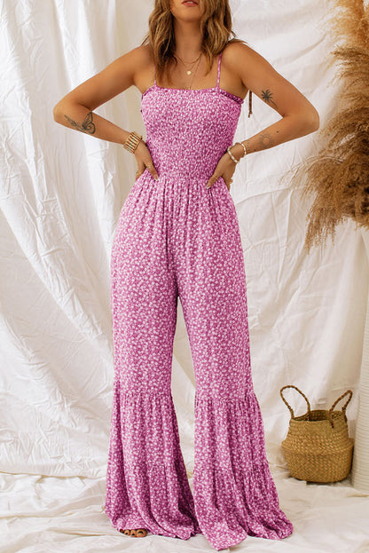 Thin Straps Smocked Bodice Wide Leg Floral Jumpsuit | Phalaenopsis