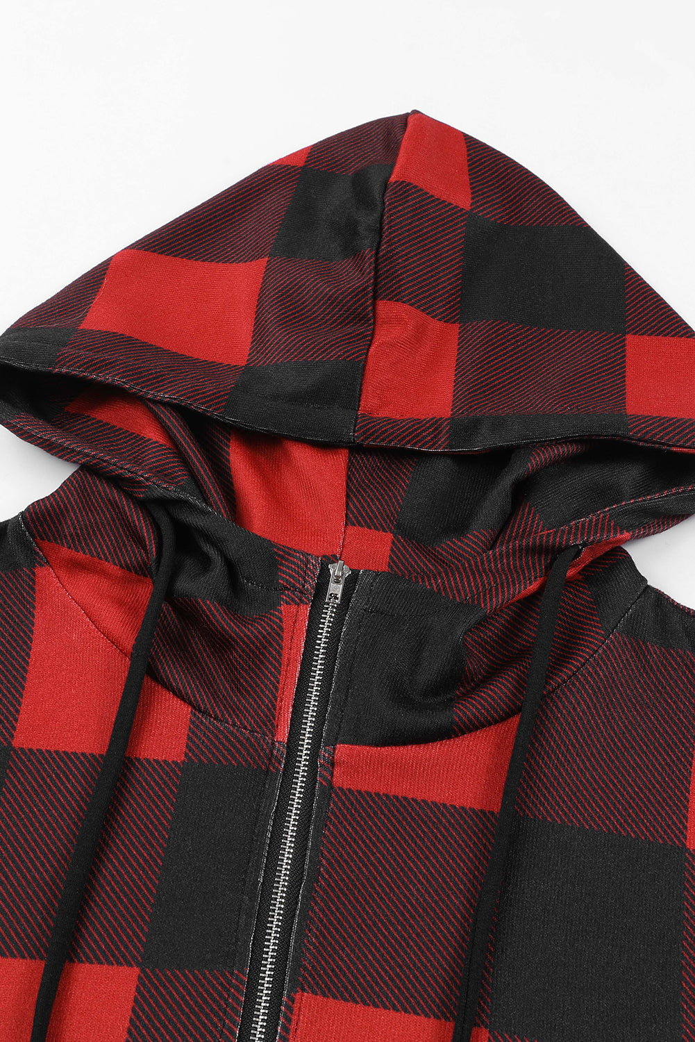 Contrast Buffalo Plaid Zip Pullover Hooded Top | Black