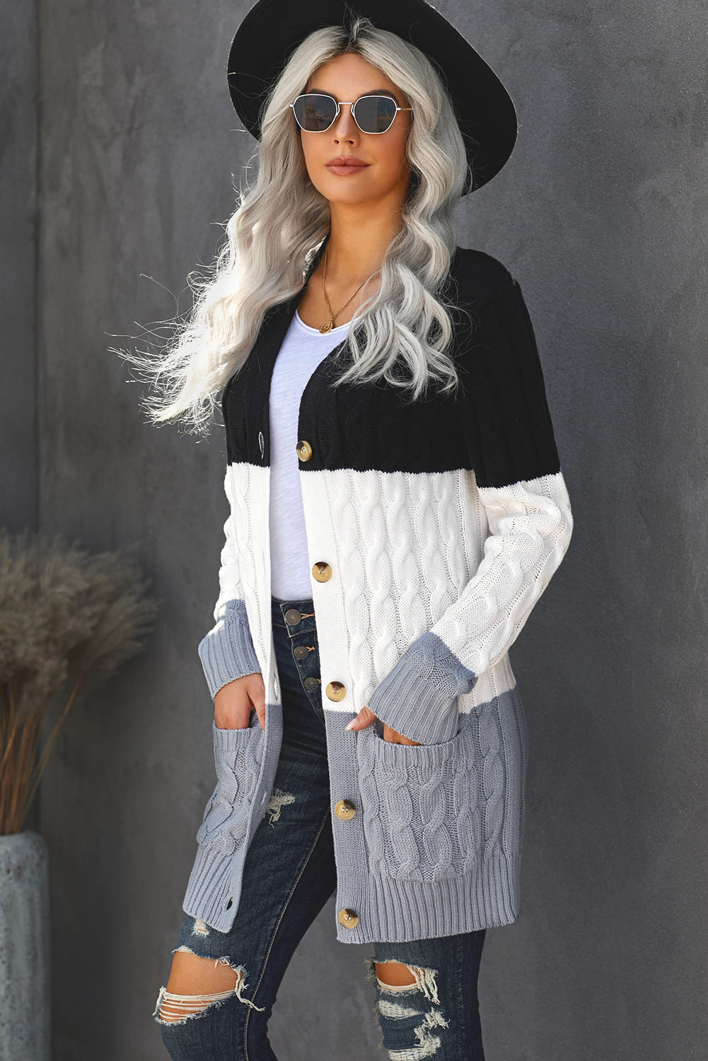 Colourblock Button Pocket Knit Cardigan | Black