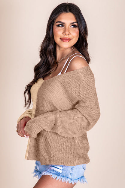 Long Sleeve V-Neck Colourblock Sweater | Khaki