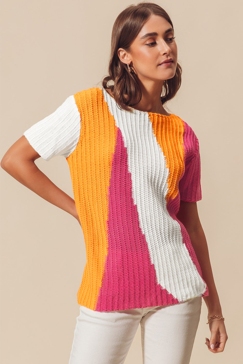 Textured Knit Colourblock Short Sleeve Sweater | Orange