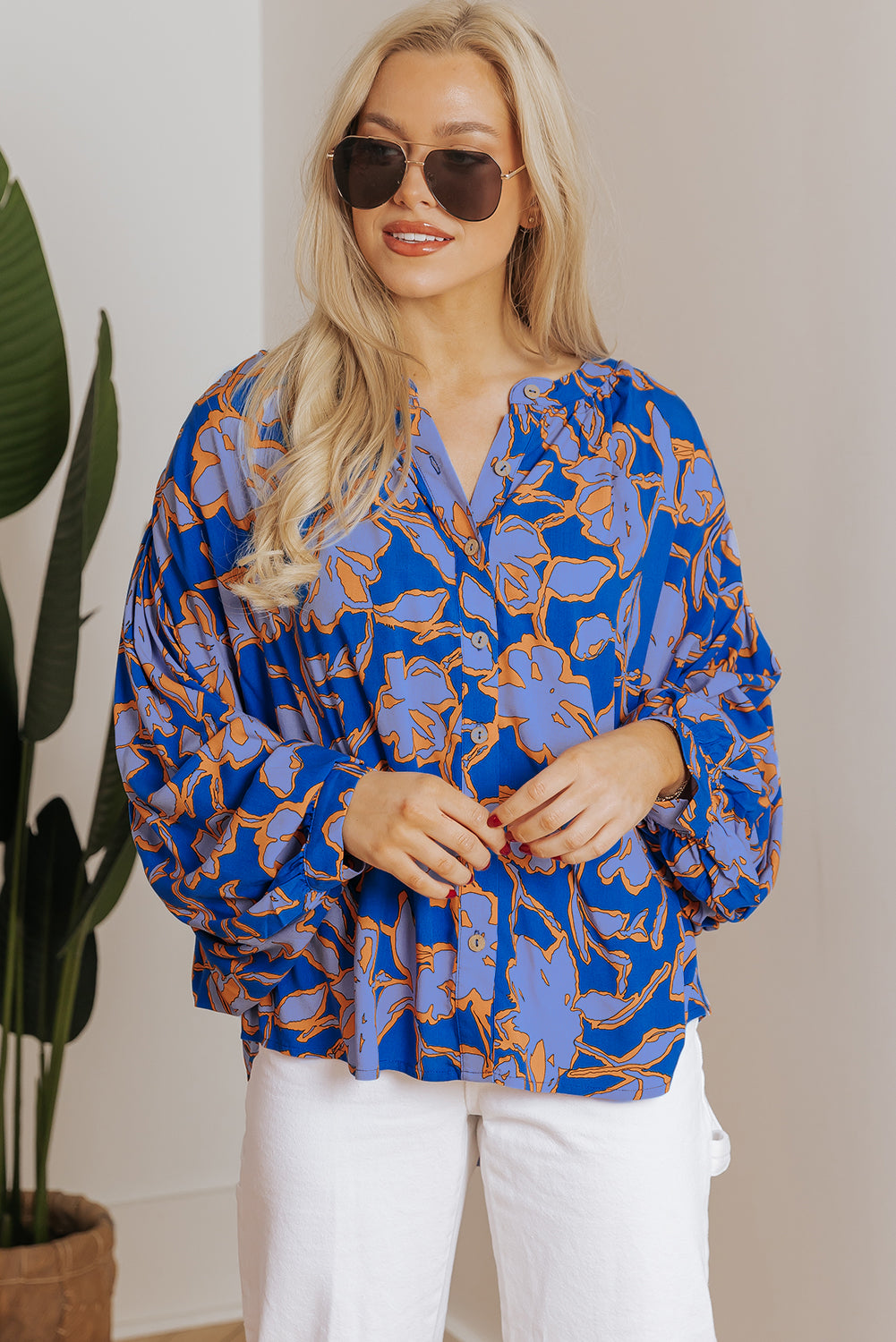 Floral Print Batwing Sleeve Buttoned Loose Fit Shirt | Blue