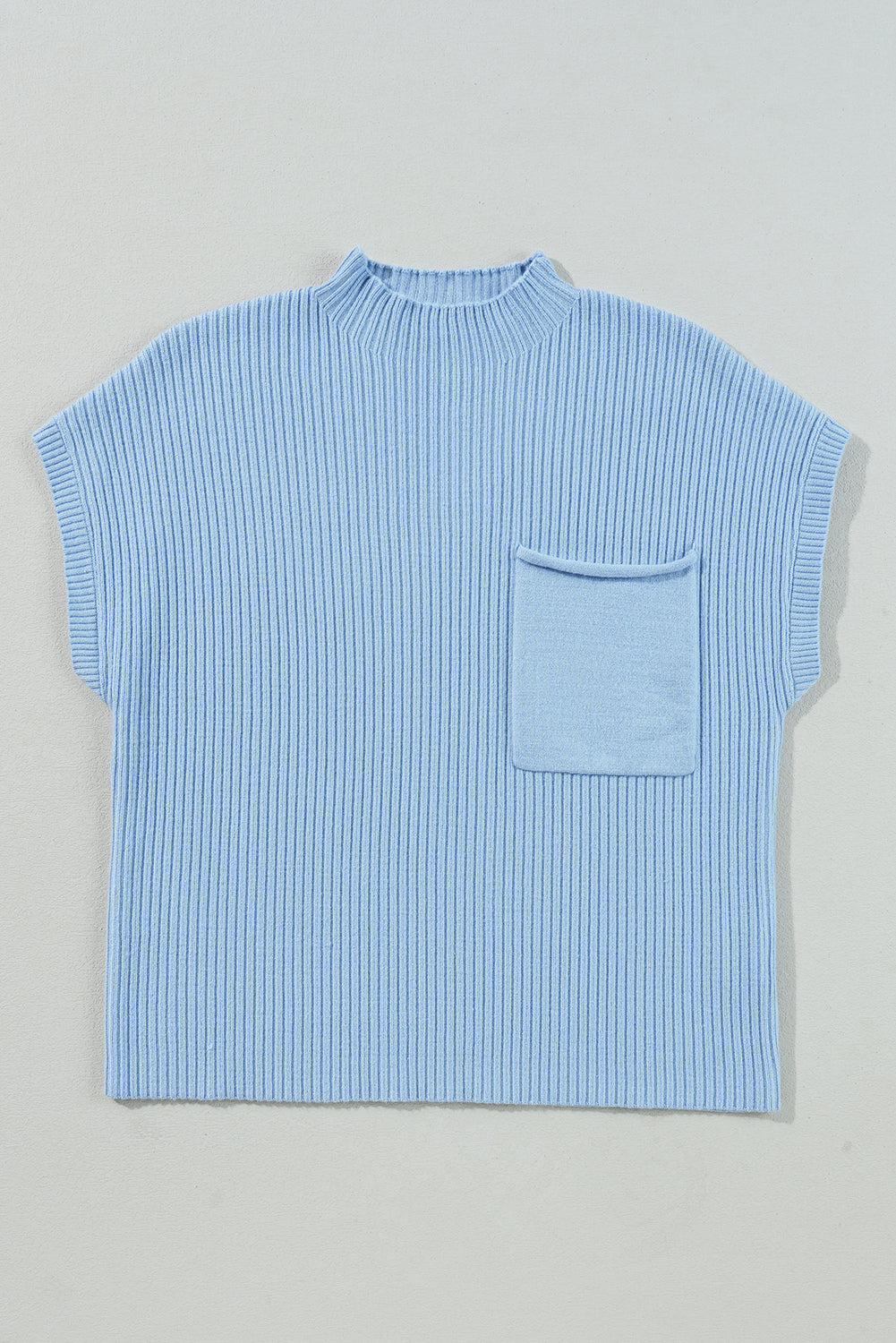 Patch Pocket Ribbed Knit Short Sleeve Sweater | Beau Blue