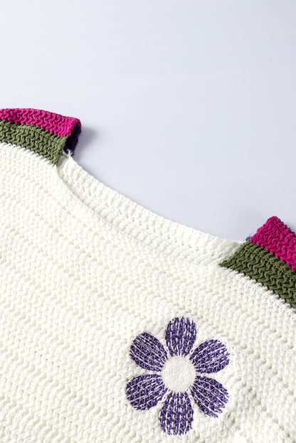 Daisy Flower Pointelle Knit Sweater | White