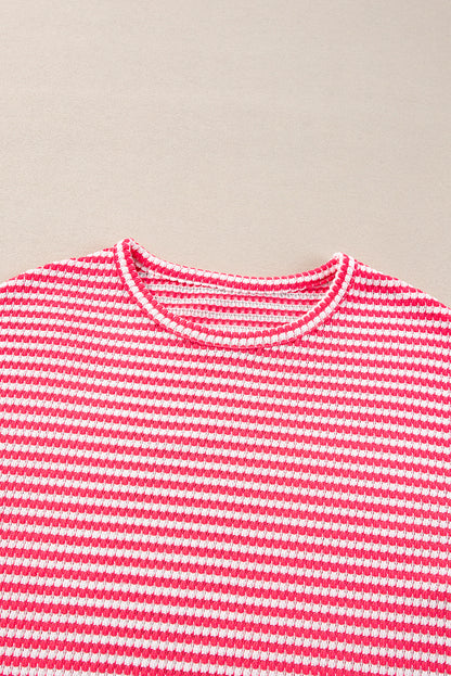 Round Neck Drop Shoulder Long Sleeve Top | Rose Stripe