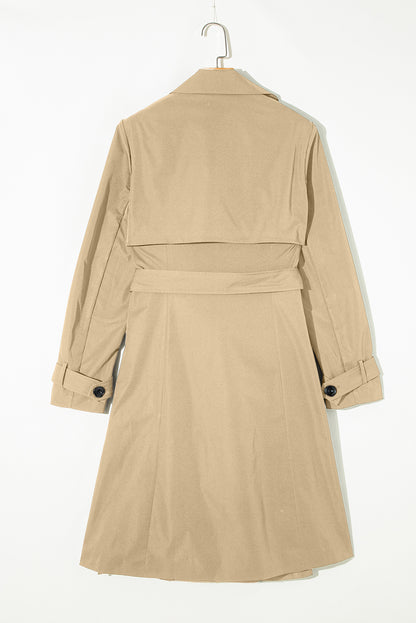 Solid Colour Lapel Collar Waist Tie Wind Coat | Pale Khaki