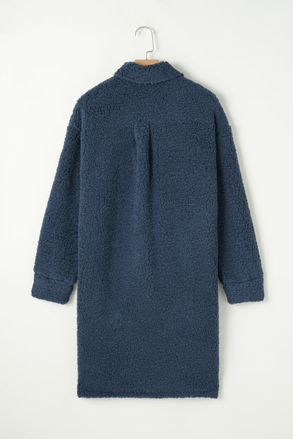 Contrast Flap Pocket Single Breasted Teddy Coat | Blue