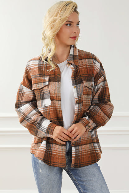 Brown Plaid Flap Pockets Shacket | Gold Flame