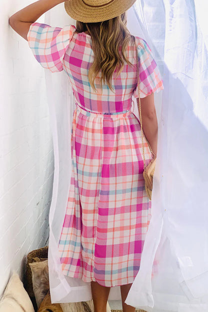 Checkered Puff Sleeve Belted Midi Dress | Pink