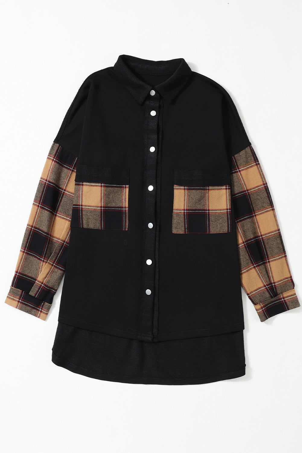 Plaid Patchwork Chest Pockets Oversized Shirt Jacket | Black