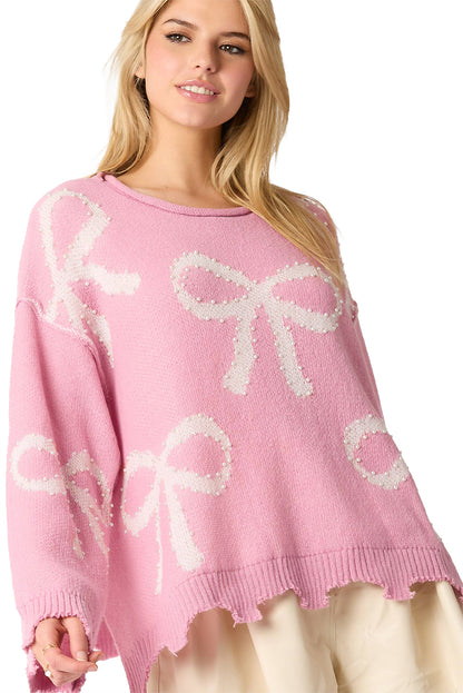 Pearl Beaded Bowknot Pattern Distressed Split Hem Sweater | Pink