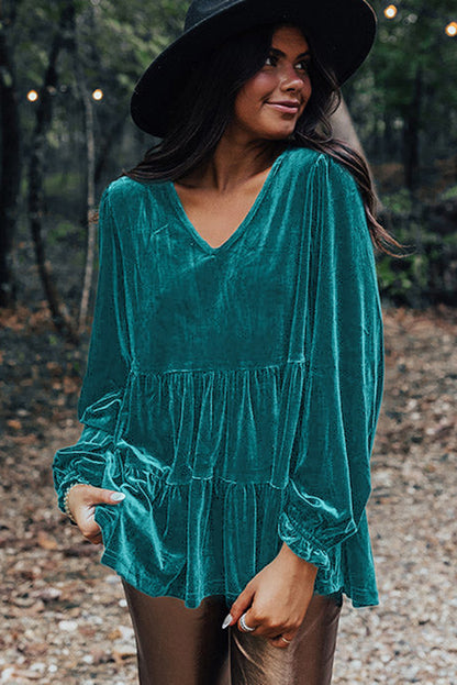 Velvet V Neck Peplum Hem Puff Sleeve Blouse | Sea Green