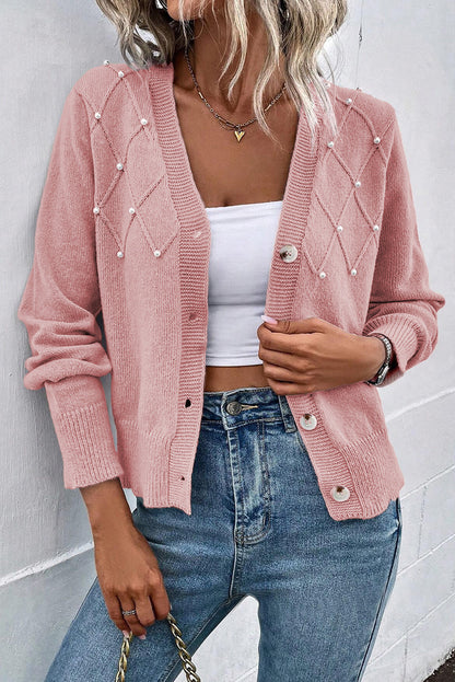 Textured Knit Pearl Beaded Button Up Cardigan | Sepia Rose