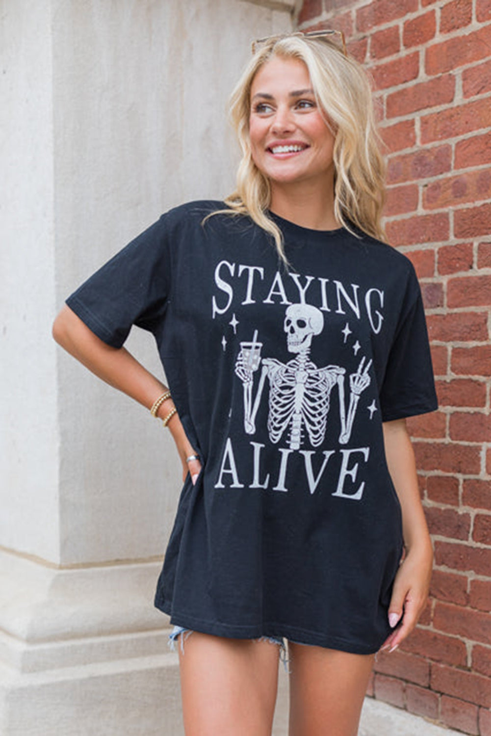 Staying Alive Funny Skeleton Print Round Neck T Shirt | Black