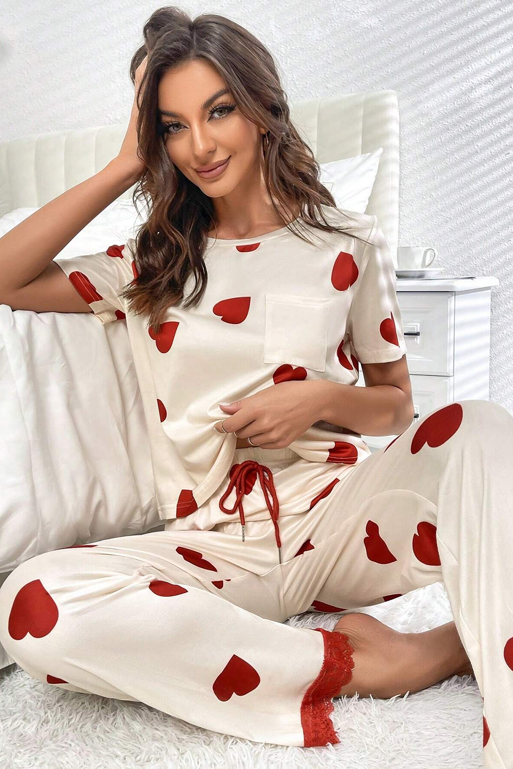 Valentines Heart Print Lace Hem Tee Pants Pajama Set | White